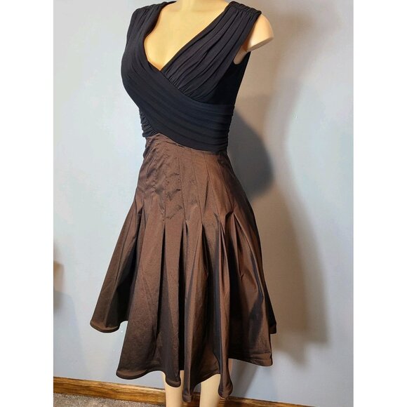 Cache Vintage Y2K Black Brown Taffeta Fit Flare Midi Dress Retro Holiday 1920s - Picture 2 of 11
